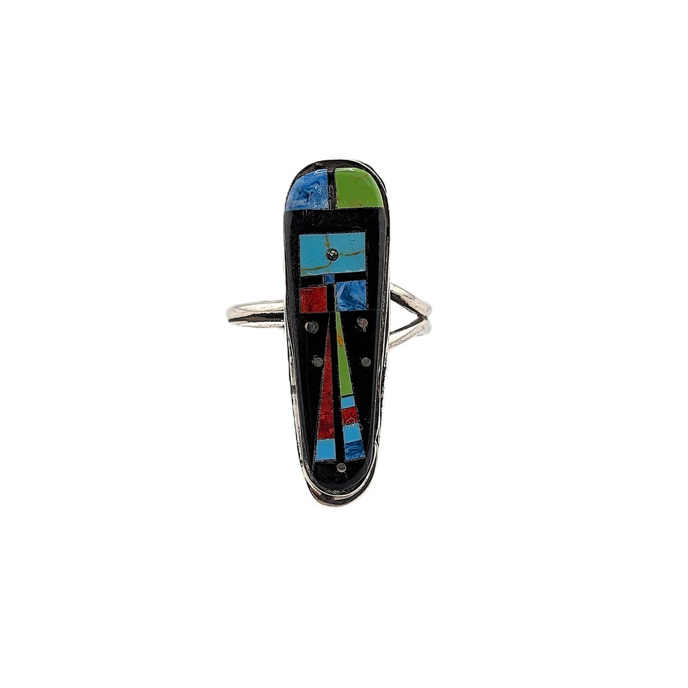 Handmade Zuni Inlay Ring by Gilbert Smith Adjustable Sterling Silver Night Day - Picture 9 of 9